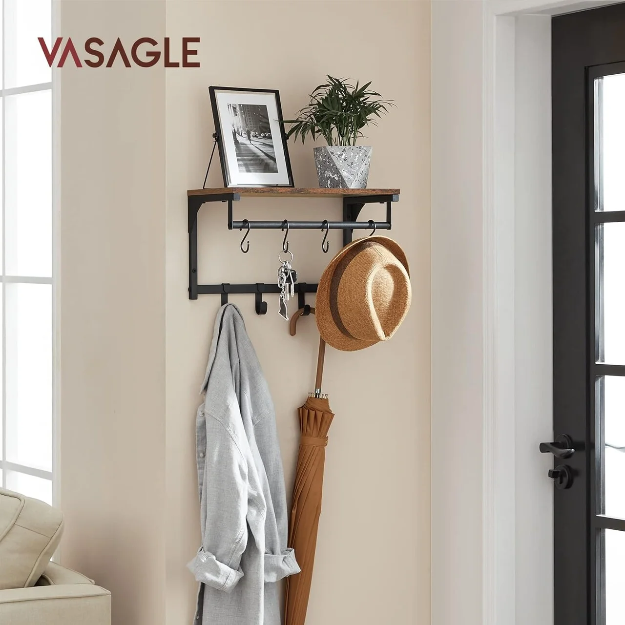 Cuier de perete cu 8 agatatori detasabile Vasagle, 40x24x24 cm, max PAL/otel, maro rustic Cuier de perete cu 8 agatatori detasabile Vasagle, 40x24x24 cm, max PAL/otel, maro rustic