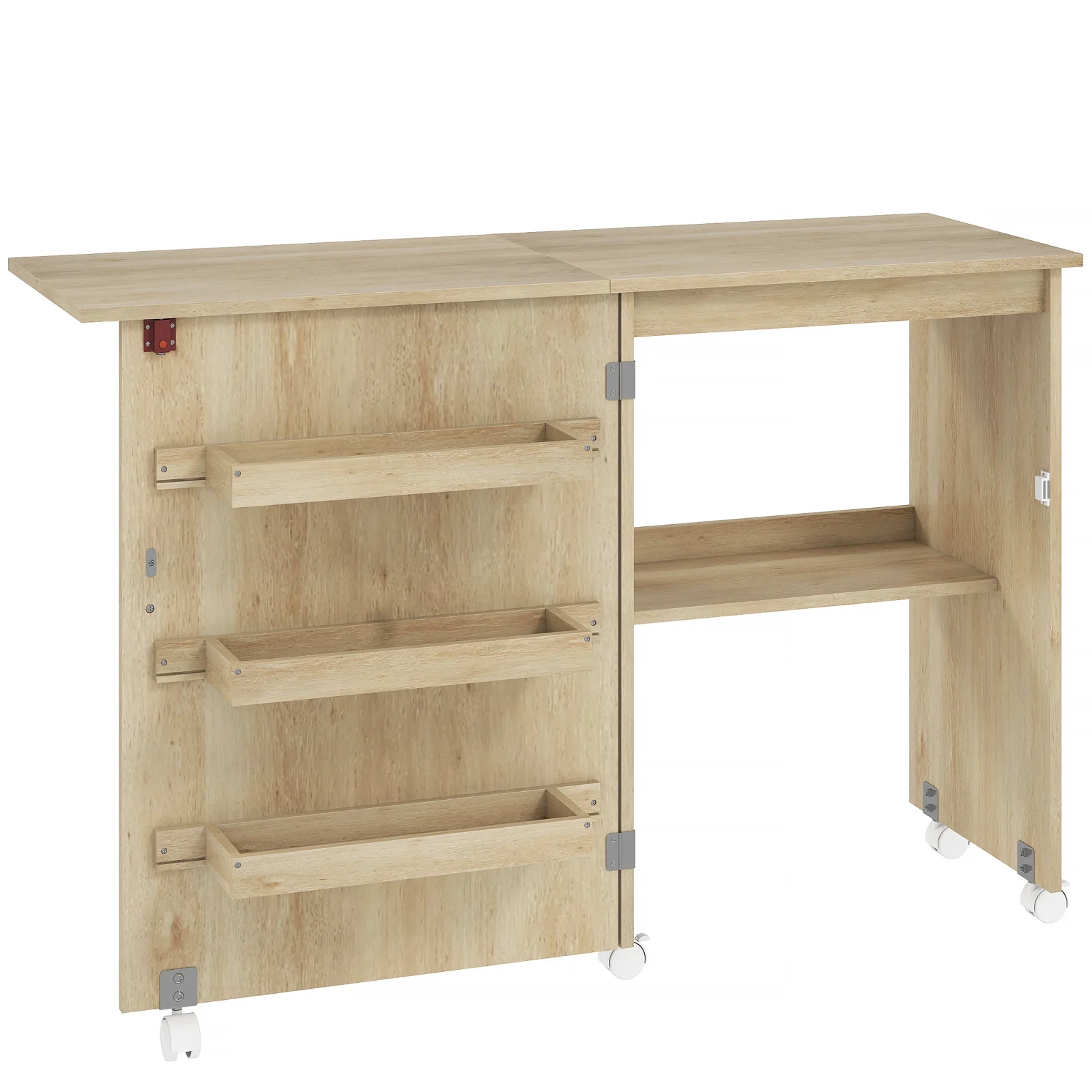 HOMCOM Masă de cusut pliabilă mobilier de cusut cu blat rabatabil, tăvi de depozitare, etajeră deschisă și roți, lemn natural | Aosom Romania HOMCOM Masă de cusut pliabilă mobilier de cusut cu blat rabatabil, tăvi de depozitare, etajeră deschisă și roți, lemn natural | Aosom Romania