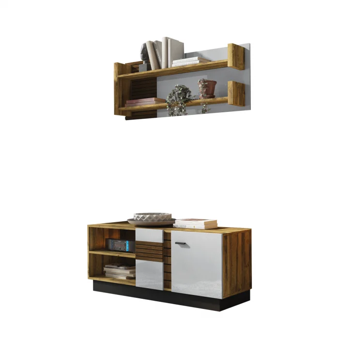 Set Living VAL GARDENA, 2 corpuri, comoda VG4, etajera, VG9, corp PAL nuc, fronturi MDF late lucios