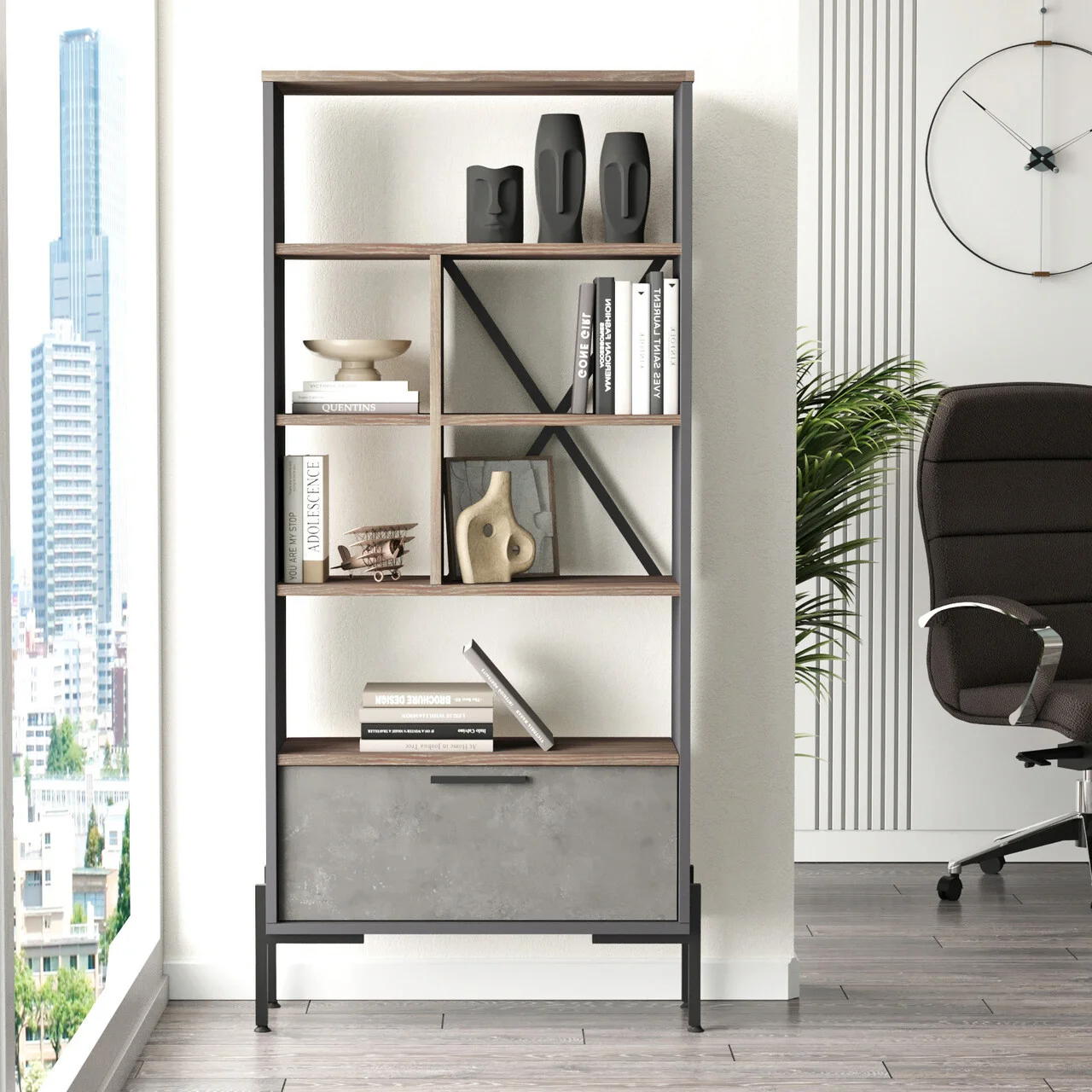 Corp biblioteca, Hanah Home, Vs4-Cga, 75.5x160.8x44.5 cm, Maro / Gri / Antracit Corp biblioteca, Hanah Home, Vs4-Cga, 75.5x160.8x44.5 cm, Maro / Gri / Antracit