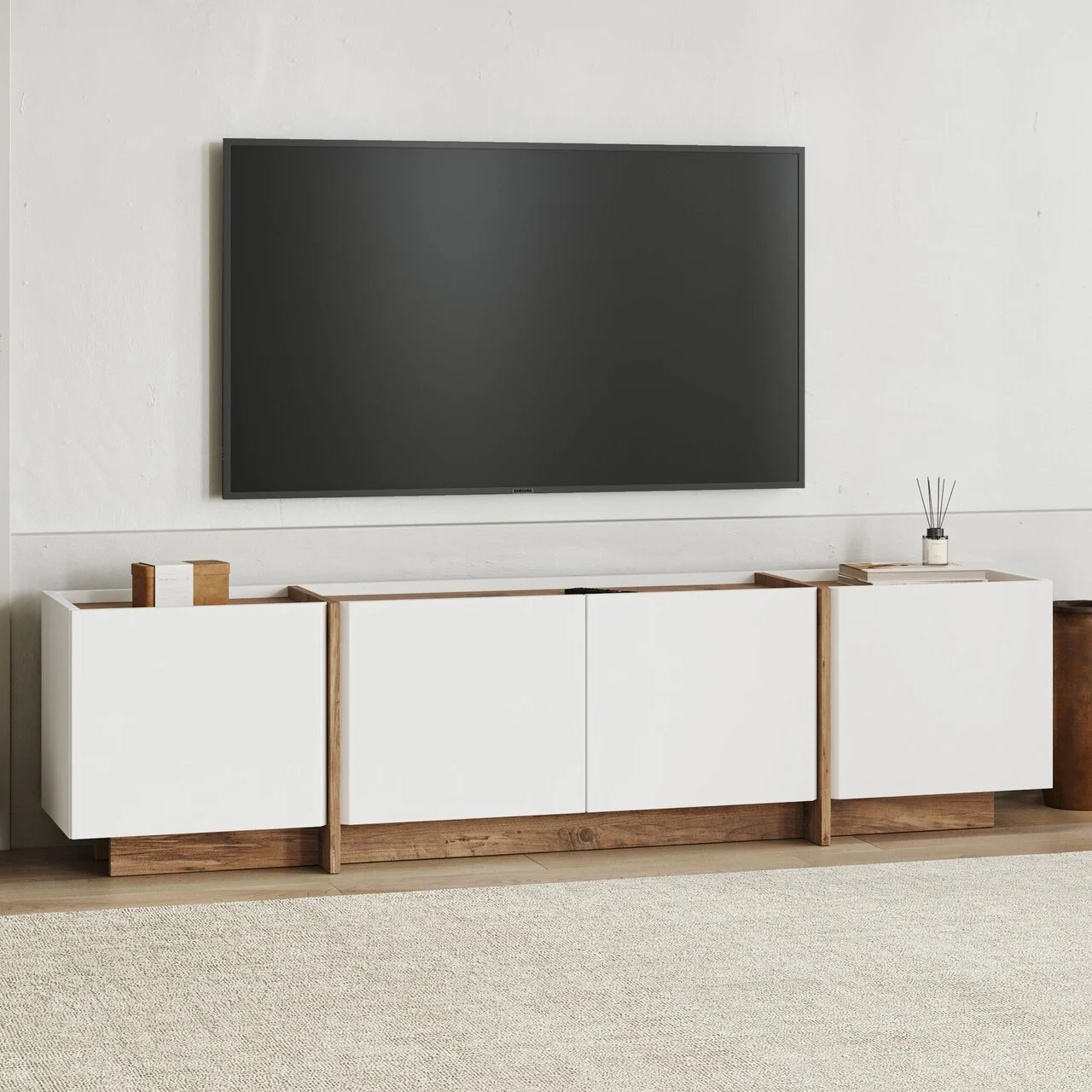 Comoda TV, Nordure, Lowen, 180x46x35 cm, Alb/Pin Atlantic Comoda TV, Nordure, Lowen, 180x46x35 cm, Alb/Pin Atlantic