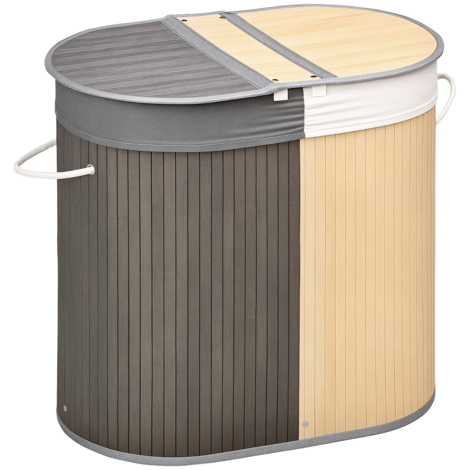 HOMCOM Cos de rufe din bambus 100L cu 2 sectiuni, capac si sac detasabil 62,5 x 37 x 60,5 cm - gri | Aosom Romania HOMCOM Cos de rufe din bambus 100L cu 2 sectiuni, capac si sac detasabil 62,5 x 37 x 60,5 cm - gri | Aosom Romania