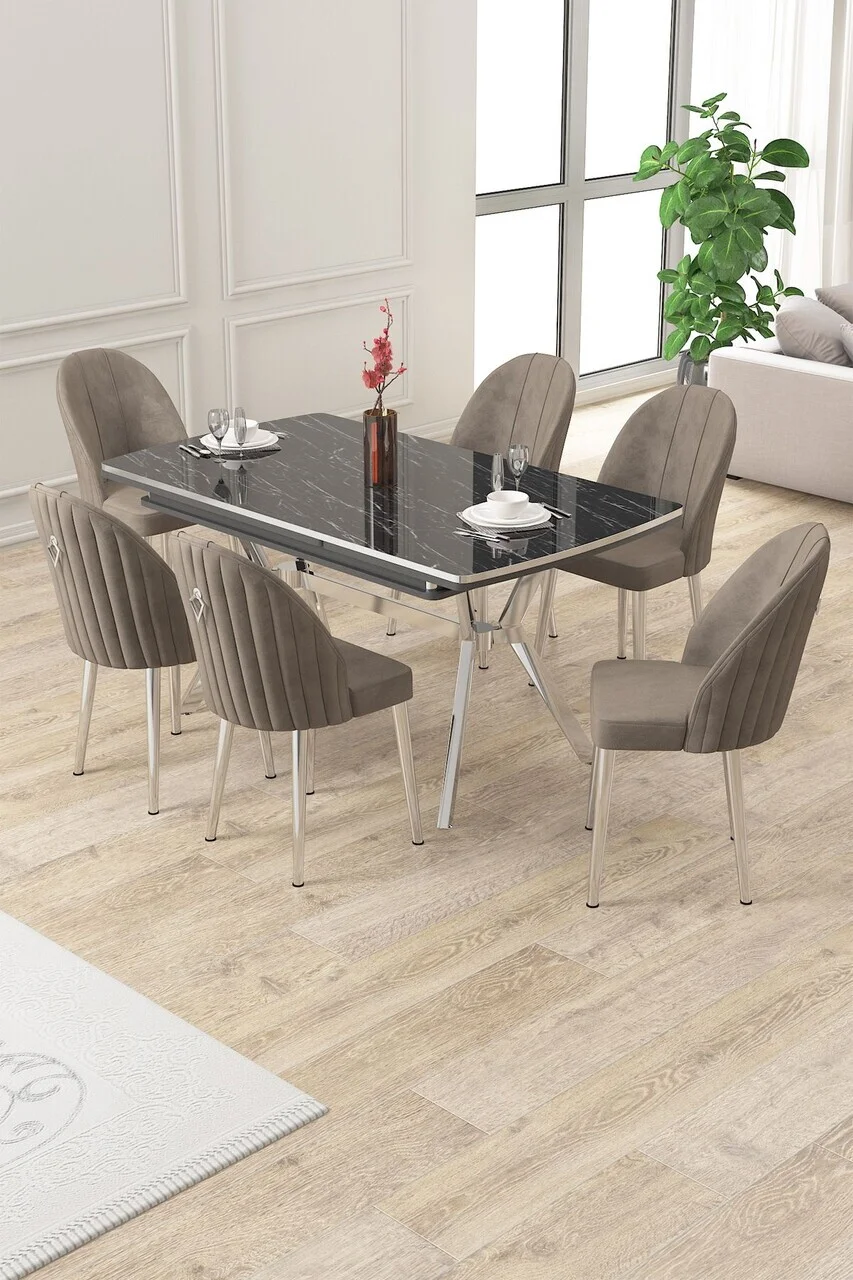 Set masa extensibila si scaune (7 piese), Hanah Home, Sim, Model de marmură neagră / Crom / Cappuccino Set masa extensibila si scaune (7 piese), Hanah Home, Sim, Model de marmură neagră / Crom / Cappuccino