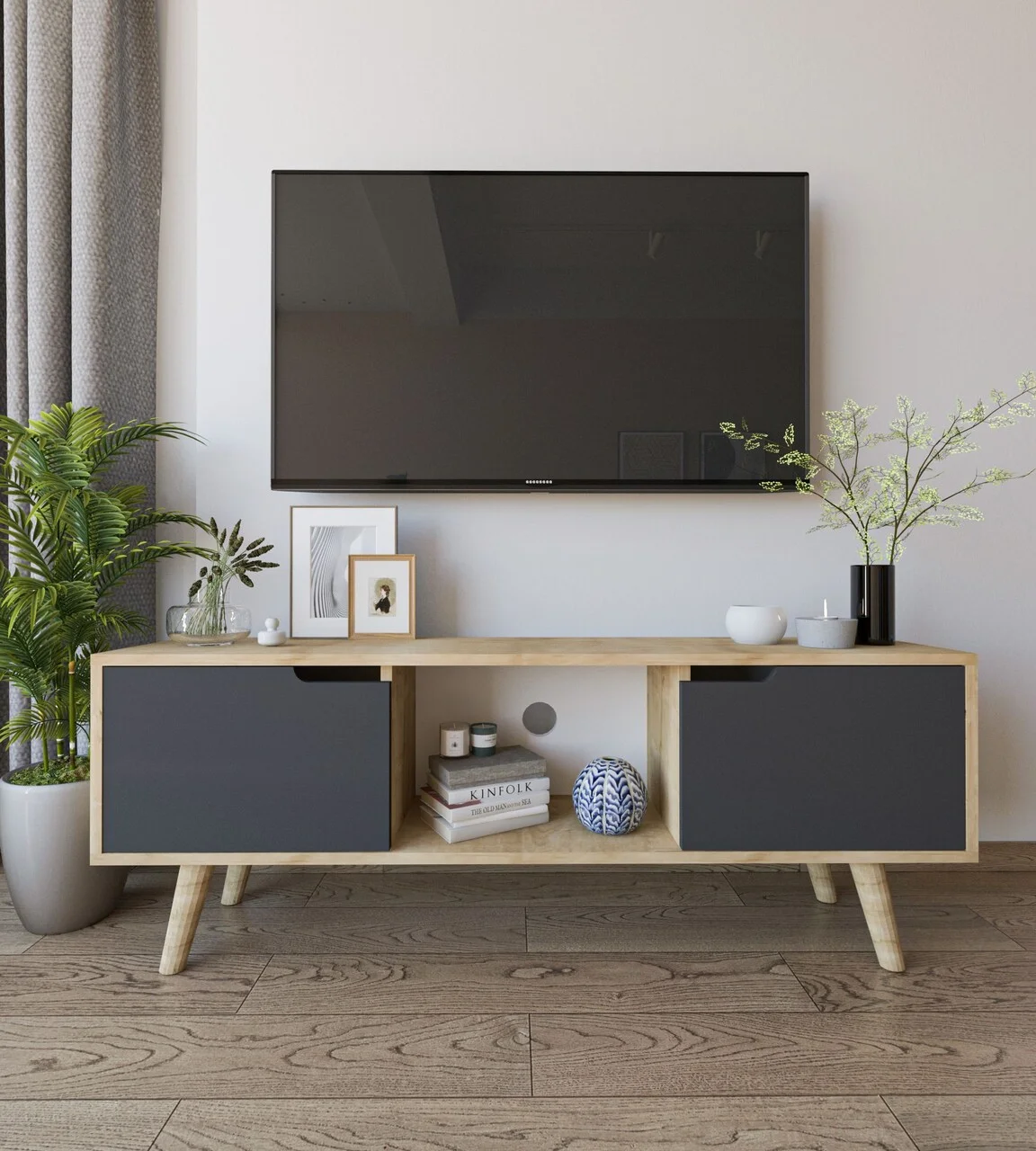 Comoda TV, Hanah Home, Siena, 139.7x53x53 cm, PAL, Stejar safir / Antracit Comoda TV, Hanah Home, Siena, 139.7x53x53 cm, PAL, Stejar safir / Antracit
