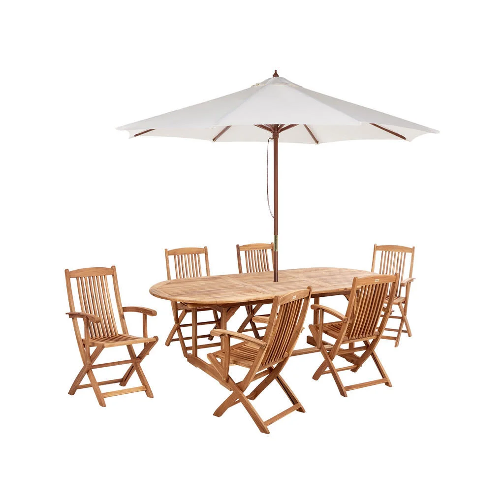 SET MASĂ DE GRĂDINĂ cu 6 locuri nuanță deschisă de lemn cu umbrelă de soare Maui II SET MASĂ DE GRĂDINĂ cu 6 locuri nuanță deschisă de lemn cu umbrelă de soare Maui II