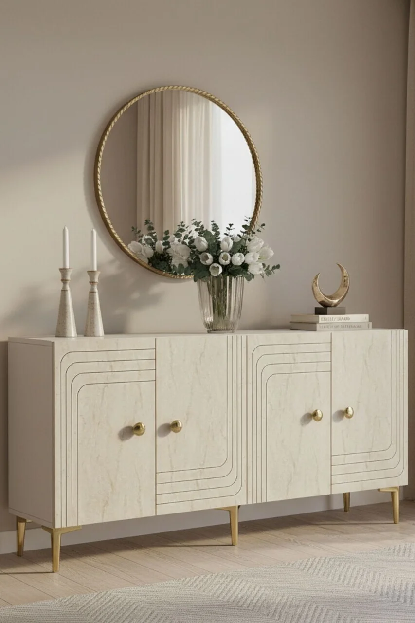 Consola, Hanah Home, Lessi 150, 150x75x32 cm, Alb / Travertin Consola, Hanah Home, Lessi 150, 150x75x32 cm, Alb / Travertin