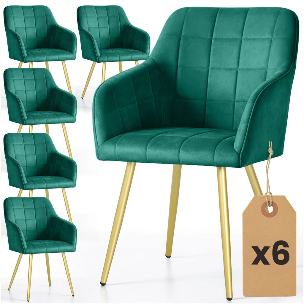SCAUN tapițat, set de 6 bucăți, picioare metalice verde, aur 54/82/58 SCAUN tapițat, set de 6 bucăți, picioare metalice verde, aur 54/82/58