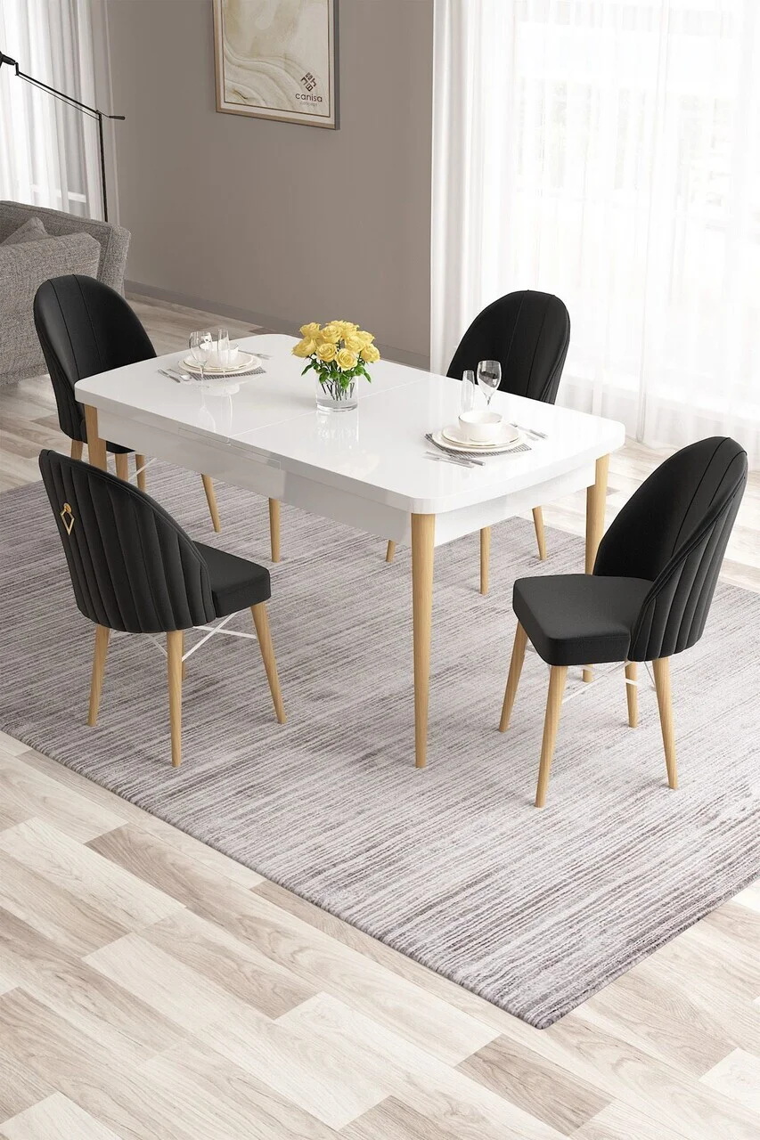 Set masa extensibila si scaune (5 piese), Hanah Home, Roz, Alb / Lemn natural / Negru Set masa extensibila si scaune (5 piese), Hanah Home, Roz, Alb / Lemn natural / Negru
