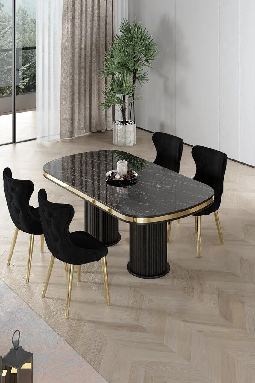 Set masa si scaune (5 piese), Hanah Home, Galya, Model de marmură neagră / Auriu / Negru Set masa si scaune (5 piese), Hanah Home, Galya, Model de marmură neagră / Auriu / Negru