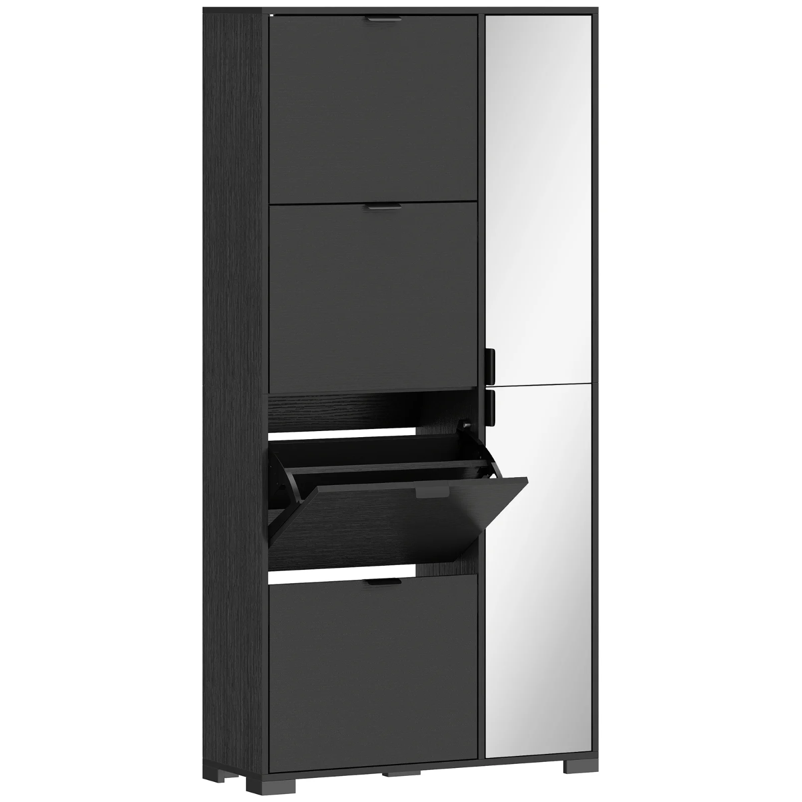 HOMCOM Dulap Pantofi cu Oglindă, 4 Sertare Rabatabile, Dulap de Hol, 82 x 30 x 168 cm, Negru | Aosom Romania HOMCOM Dulap Pantofi cu Oglindă, 4 Sertare Rabatabile, Dulap de Hol, 82 x 30 x 168 cm, Negru | Aosom Romania
