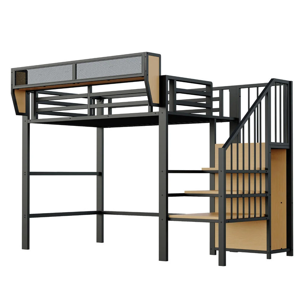 PAT ÎNALT 90 x 200 cm, cu scară de siguranță, construcție metalică, negru PAT ÎNALT 90 x 200 cm, cu scară de siguranță, construcție metalică, negru