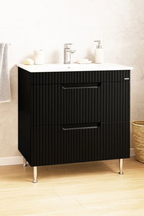 Set Baza front MDF si Lavoar seria 033, cu sertare, 80 cm, negru Set Baza front MDF si Lavoar seria 033, cu sertare, 80 cm, negru