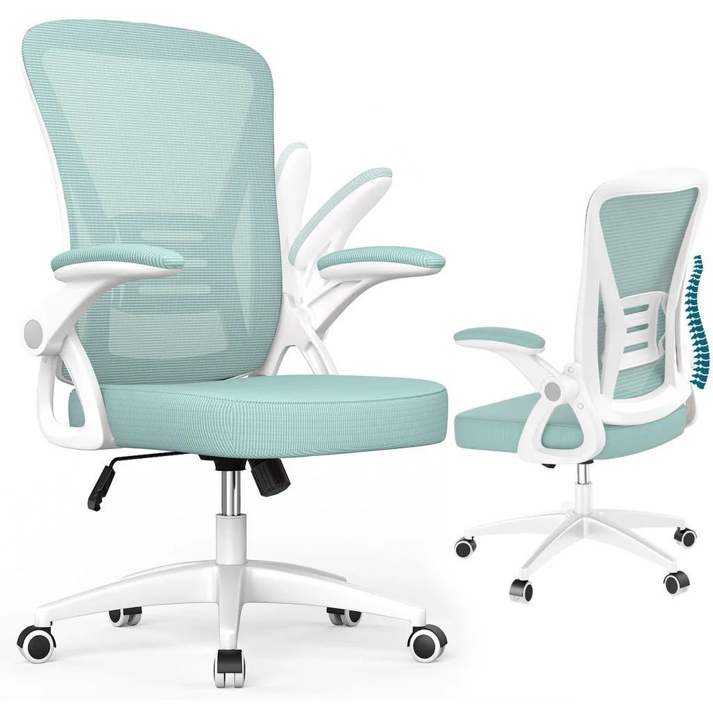 SCAUN DE BIROU ROTATIV ergonomic cu spătar mediu și cotiere rabatabile – Verde deschis