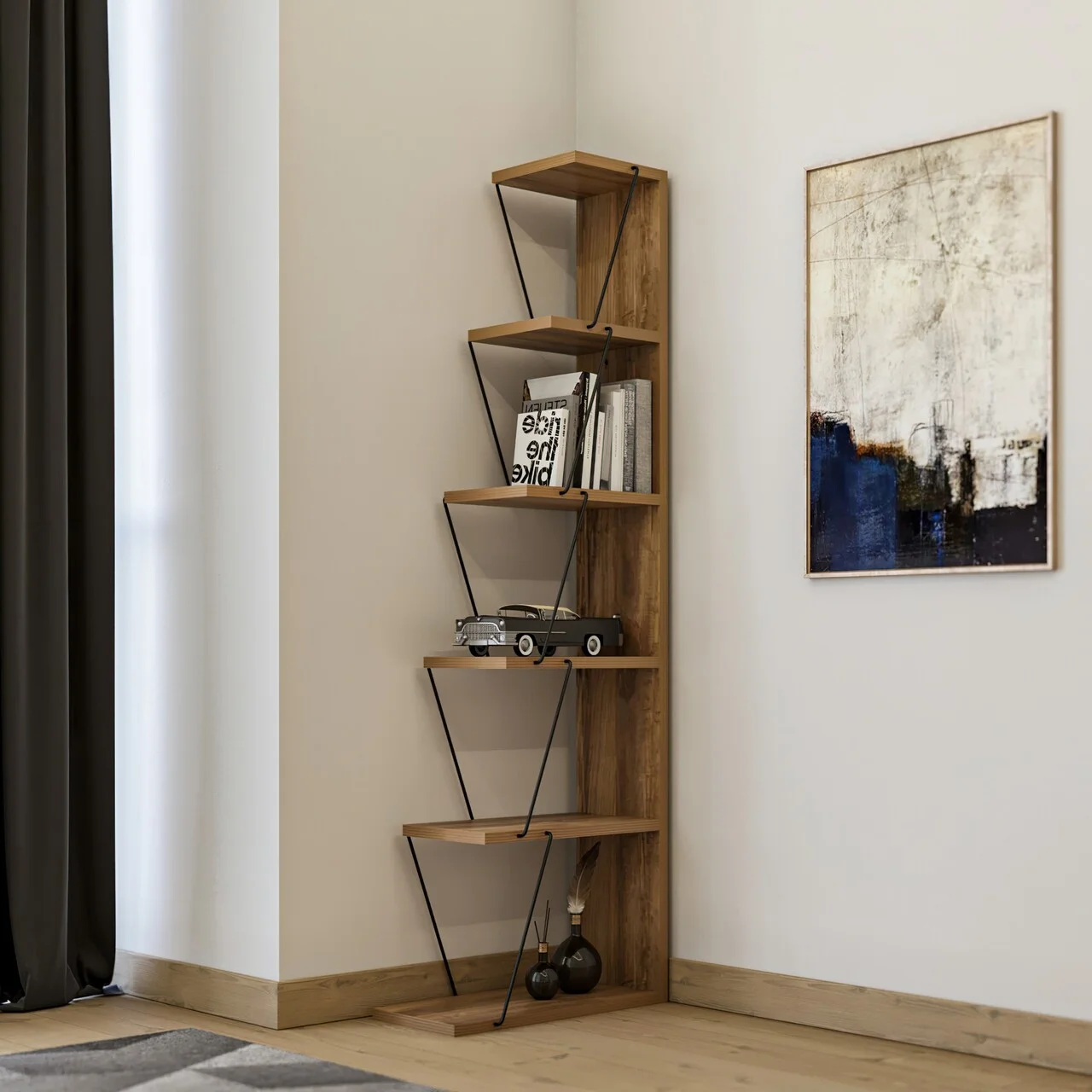 Biblioteca Tlos, Kalune Design, 50x22x150 cm, natural/negru Biblioteca Tlos, Kalune Design, 50x22x150 cm, natural/negru