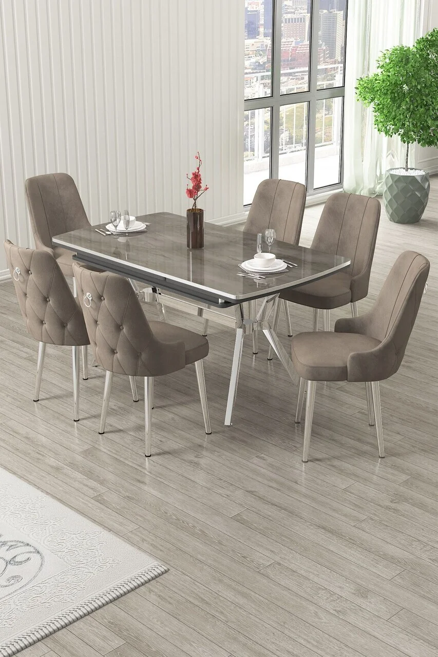 Set masa extensibila si scaune (7 piese), Hanah Home, Nis, Antracit / Crom / Cappuccino Set masa extensibila si scaune (7 piese), Hanah Home, Nis, Antracit / Crom / Cappuccino