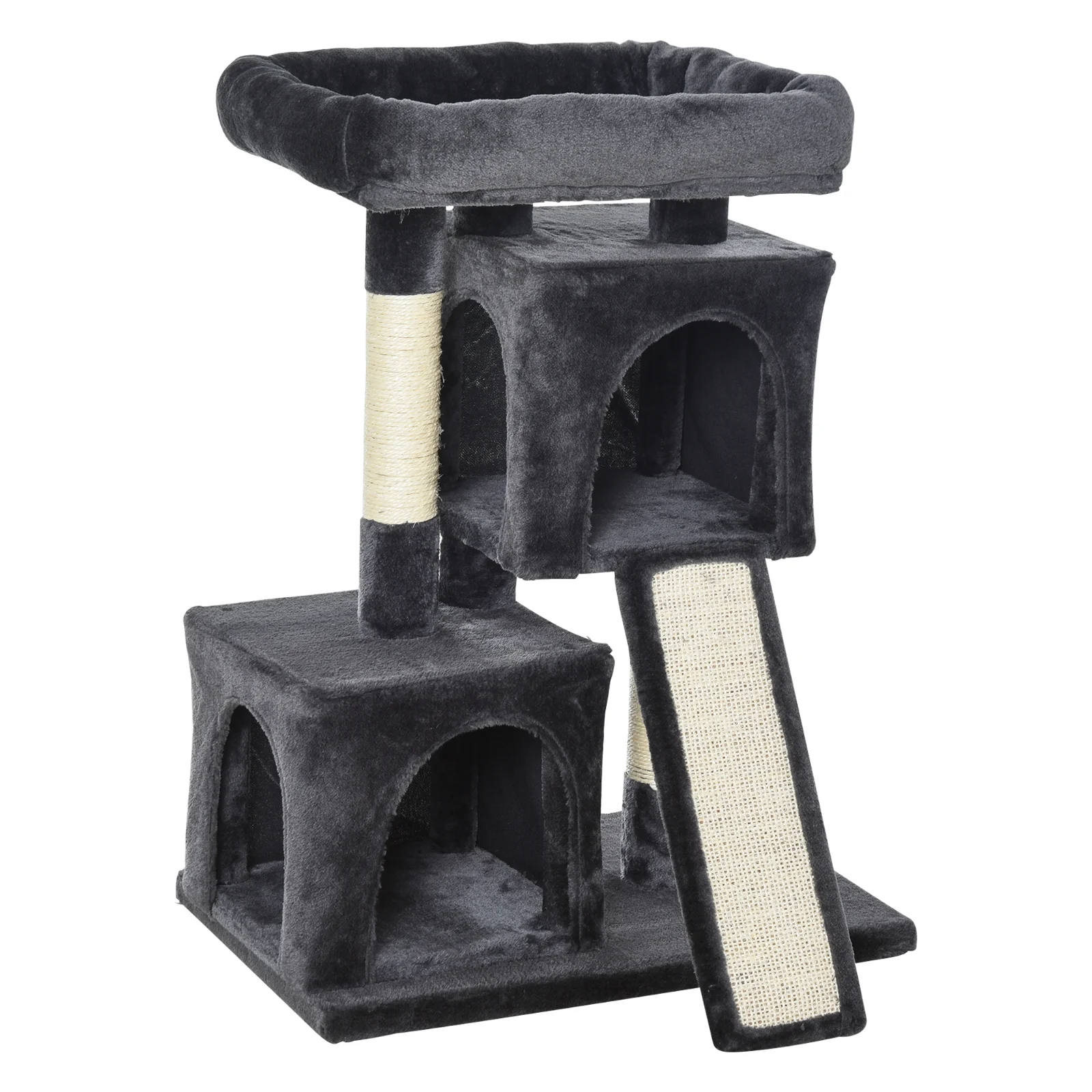 PawHut Ansamblu pentru pisici cu stalpi din sisal, pat si 2 Casute cu invelis de plus, 59x39x83cm, Negru | Aosom Romania PawHut Ansamblu pentru pisici cu stalpi din sisal, pat si 2 Casute cu invelis de plus, 59x39x83cm, Negru | Aosom Romania