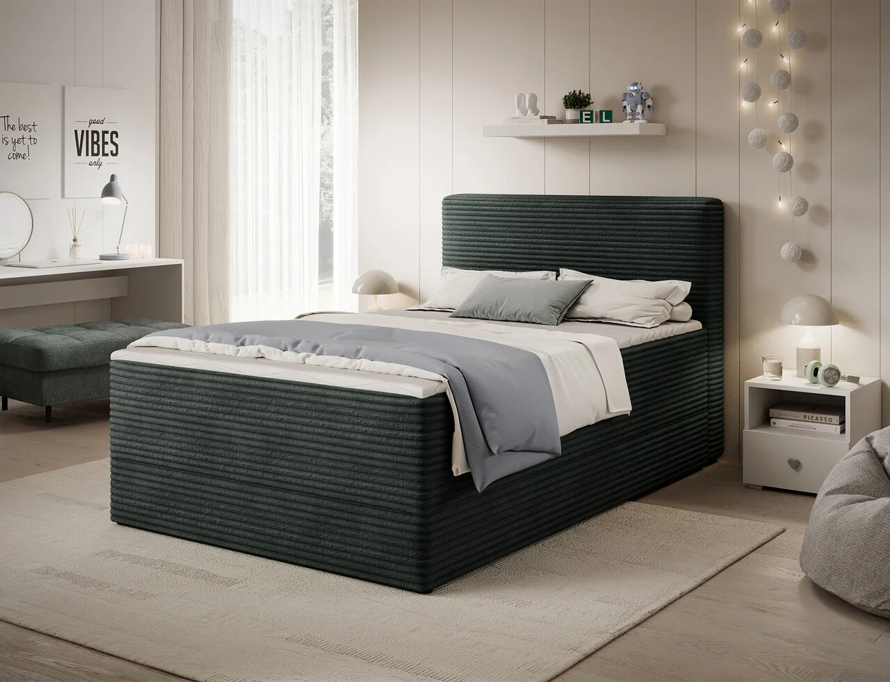 Pat continental tapitat cu lada depozitare, 120x200 cm, ELTAP, Alamito, lemn/poliester, verde inchis Pat continental tapitat cu lada depozitare, 120x200 cm, ELTAP, Alamito, lemn/poliester, verde inchis