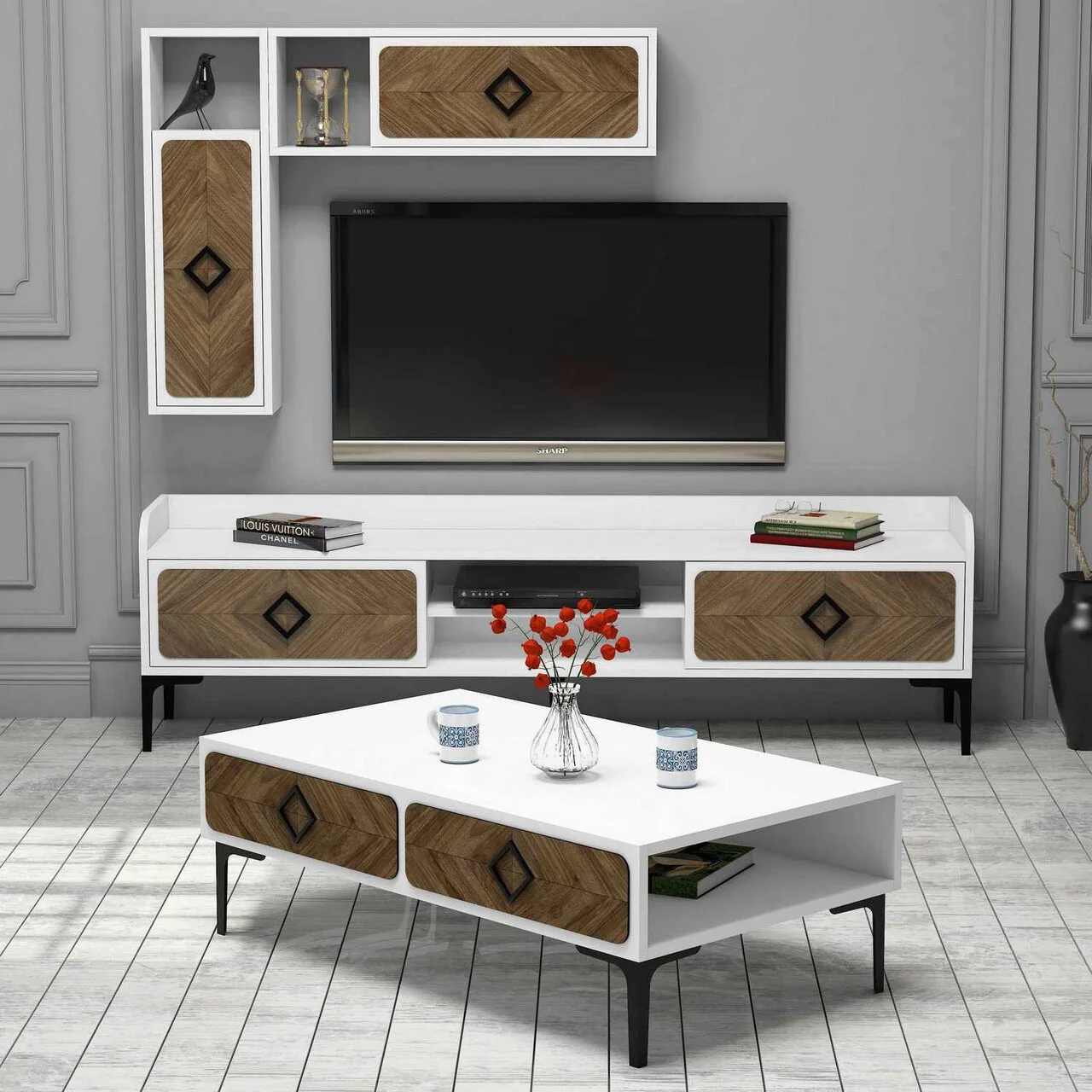 Set mobilier living, Hanah Home, Samba, Alb/Maro Set mobilier living, Hanah Home, Samba, Alb/Maro