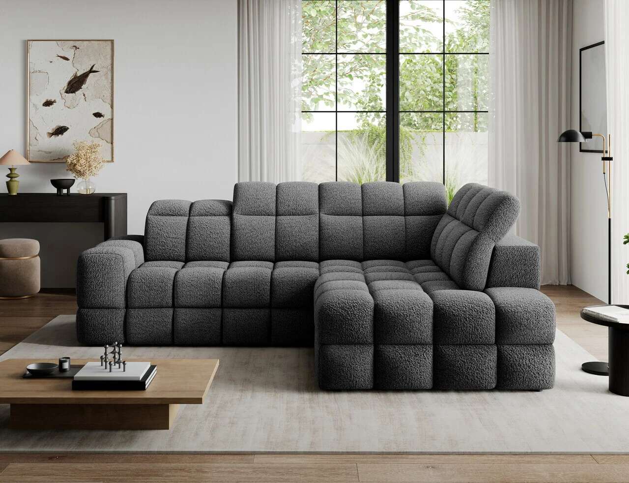 Coltar extensibil dreapta 3 locuri ELTAP, Bronon, 296x200x109 cm, lemn/tesatura boucle, gri inchis Coltar extensibil dreapta 3 locuri ELTAP, Bronon, 296x200x109 cm, lemn/tesatura boucle, gri inchis