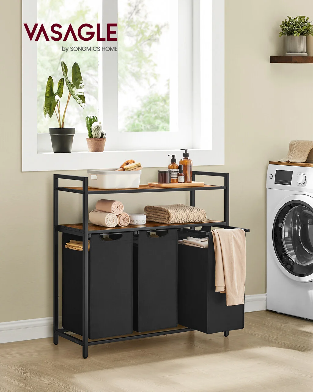 Cos de rufe cu 3 compartimente si 2 rafturi, Vasagle, 92.5x33x92 cm, 3x40 L, MDF/otel/tesatura Oxford, maro rustic/negru Cos de rufe cu 3 compartimente si 2 rafturi, Vasagle, 92.5x33x92 cm, 3x40 L, MDF/otel/tesatura Oxford, maro rustic/negru