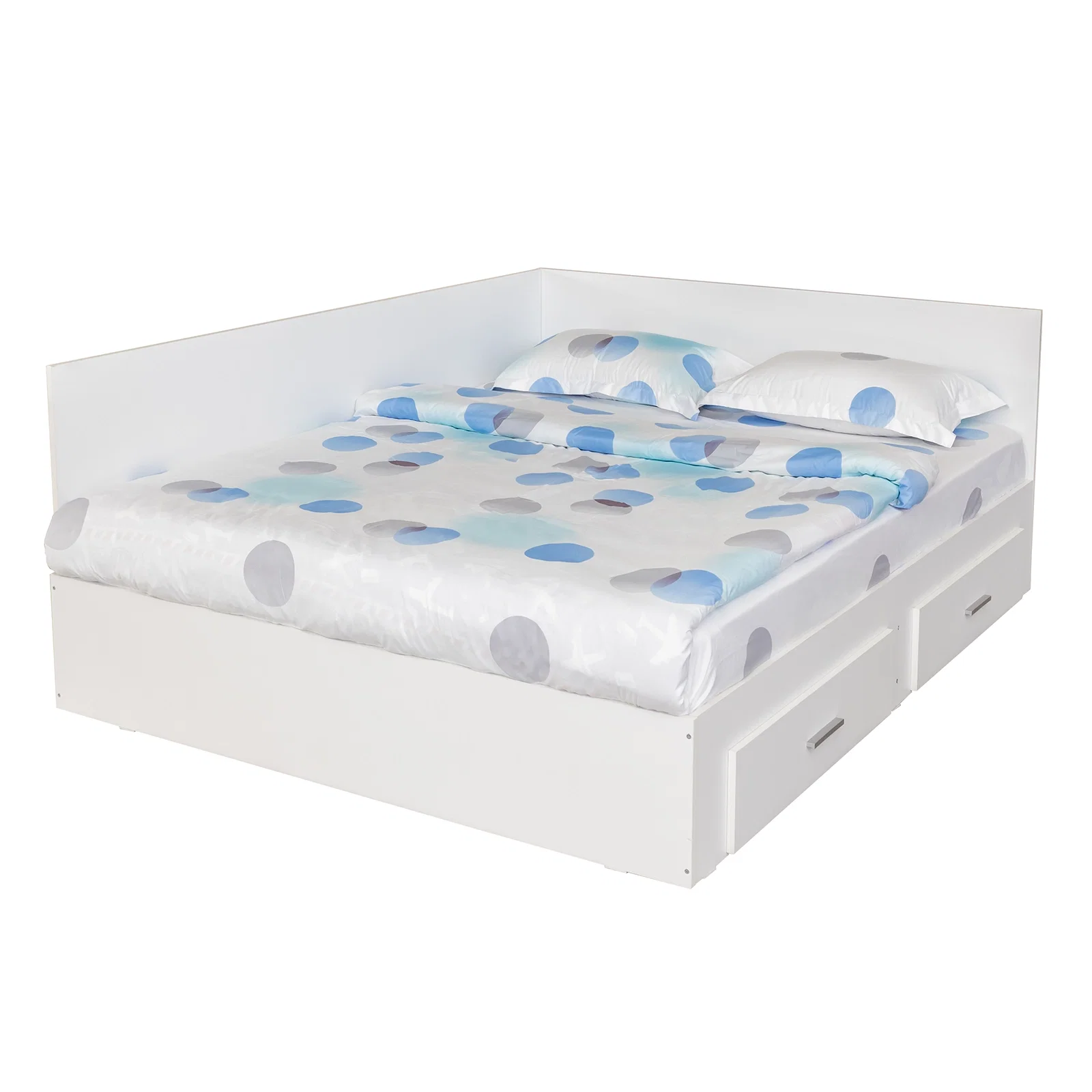 Pat Colt Alma Drept 140x200 cm, cu 2 sertare laterale pe role, colt interschimbabil, alb Pat Colt Alma Drept 140x200 cm, cu 2 sertare laterale pe role, colt interschimbabil, alb