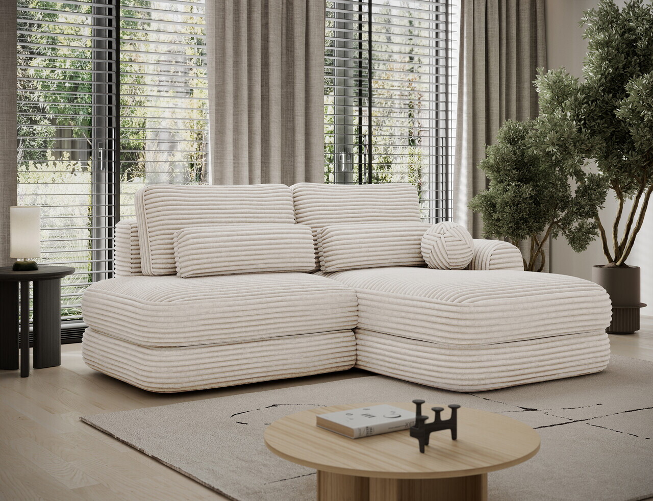 Coltar extensibil dreapta 3 locuri ELTAP, Ripeli, 217x175x96 cm, lemn/catifea din poliester, alb Coltar extensibil dreapta 3 locuri ELTAP, Ripeli, 217x175x96 cm, lemn/catifea din poliester, alb