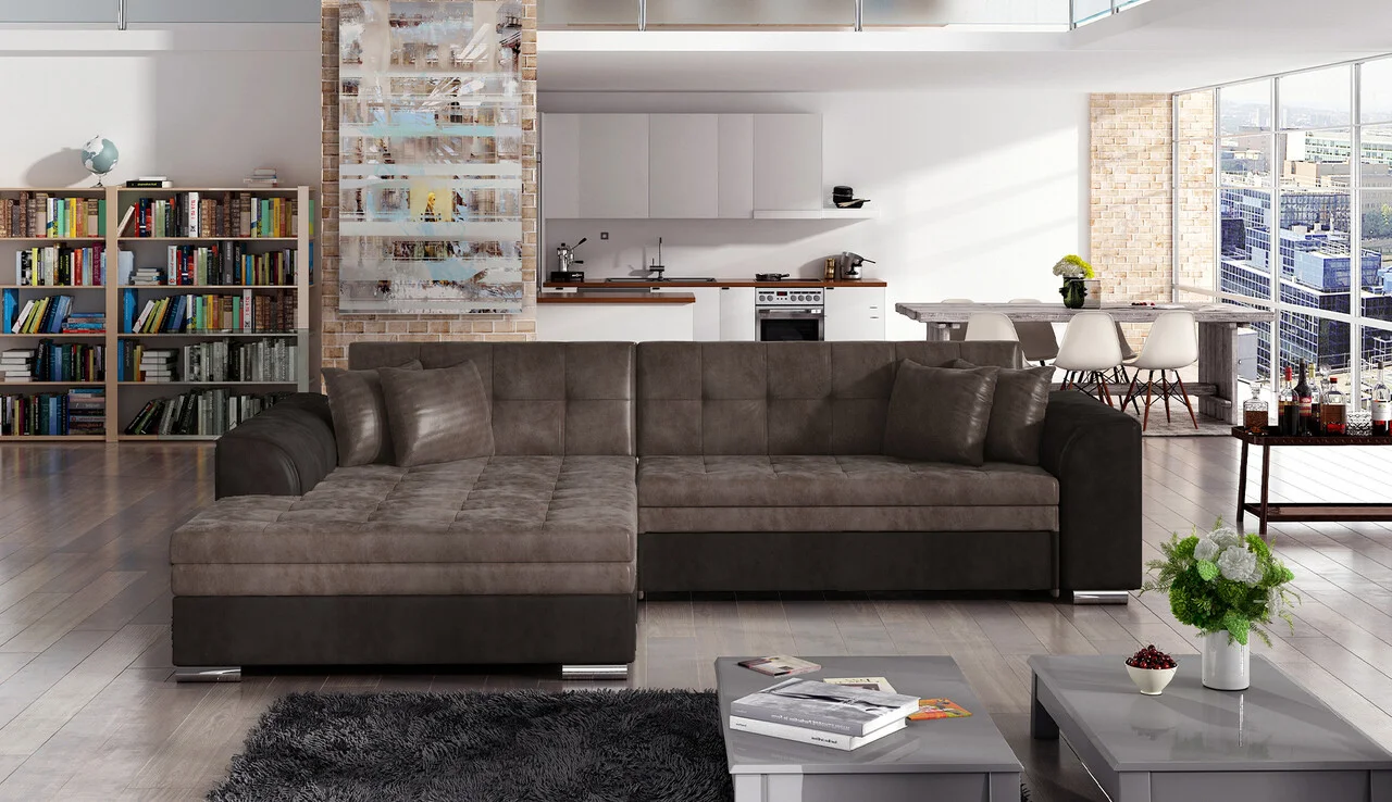 Coltar extensibil stanga 4 locuri, ELTAP, Sorento, 296x194x78 cm, lemn/poliester, maro/maro inchis Coltar extensibil stanga 4 locuri, ELTAP, Sorento, 296x194x78 cm, lemn/poliester, maro/maro inchis
