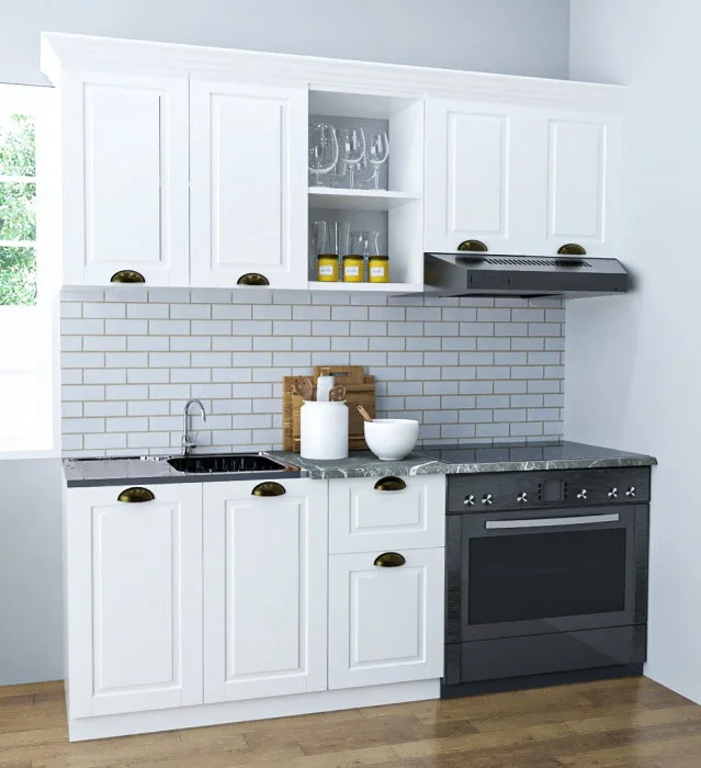 Set bucatarie SQUARE 180 cm, 3 corpuri, blat termorezistent, fronturi MDF, alb rustic Set bucatarie SQUARE 180 cm, 3 corpuri, blat termorezistent, fronturi MDF, alb rustic