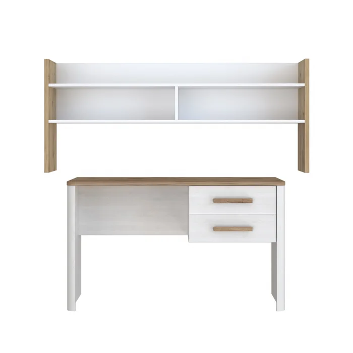 Set Birou RAMIRO, cu 2 sertare 125x60x74 cm + etajera birou RAMIRO, cu spatii depozitare, 140x26x60 cm, alb + stejar Artisan
