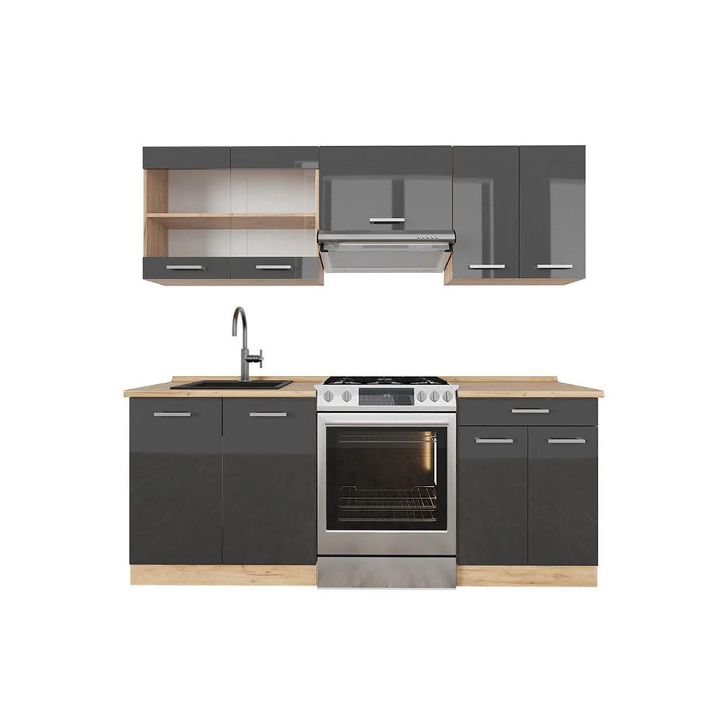 KITCHENETTE R-Line Antracit lucios/stejar Goldkraft 200 cm fara blat KITCHENETTE R-Line Antracit lucios/stejar Goldkraft 200 cm fara blat