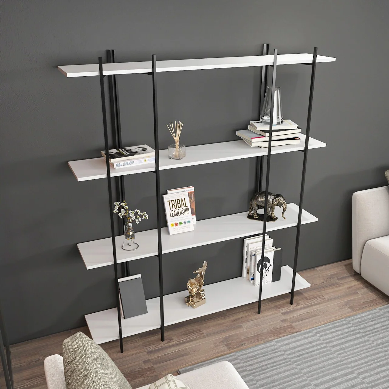 Corp biblioteca, Hanah Home, Moss, 160x180x29.6 cm, Alb/Negru Corp biblioteca, Hanah Home, Moss, 160x180x29.6 cm, Alb/Negru