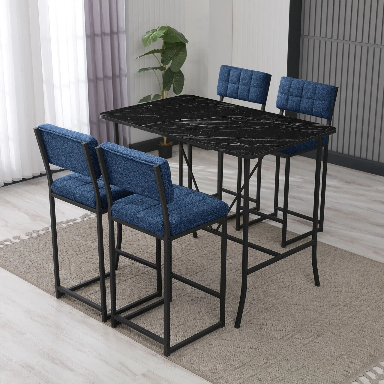 Set masa si 4 scaune de bar, Hanah Home, Retro, Navy Blue / Black Set masa si 4 scaune de bar, Hanah Home, Retro, Navy Blue / Black