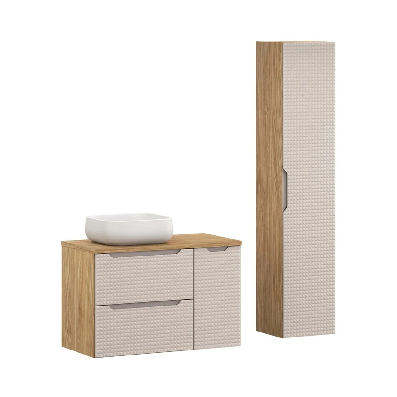 Set mobilier baie Luxor Beige 90 cm, dulap inalt si masca cu lavoar, Comad, MDF/PAL, bej Set mobilier baie Luxor Beige 90 cm, dulap inalt si masca cu lavoar, Comad, MDF/PAL, bej