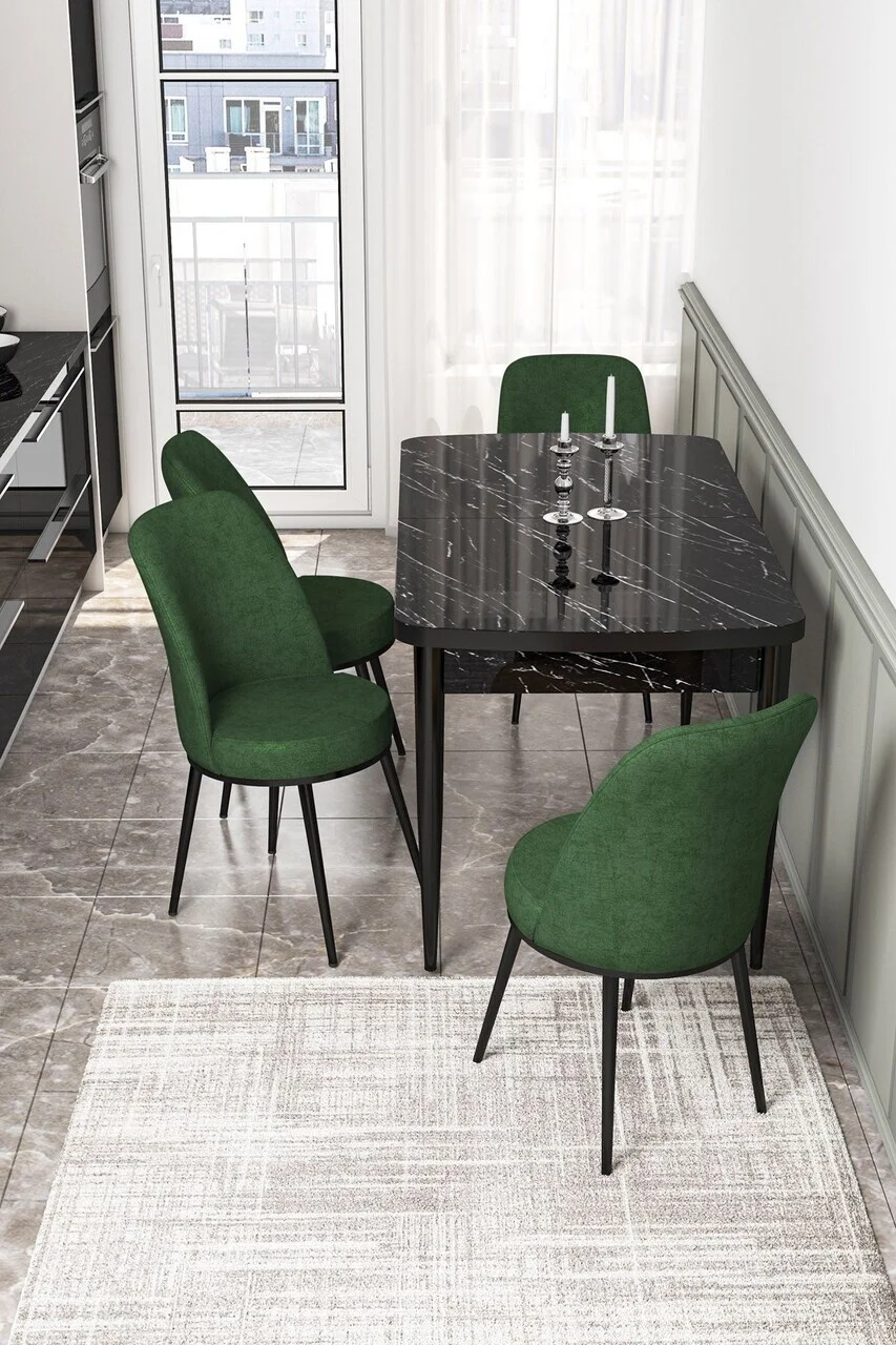Set masa extensibila si scaune (5 piese), Hanah Home, Via, Model de marmură neagră / Verde kaki Set masa extensibila si scaune (5 piese), Hanah Home, Via, Model de marmură neagră / Verde kaki
