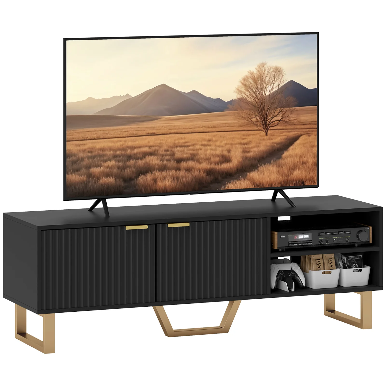 HOMCOM Mobilier TV banc TV pentru televizor de până la 70 de inch - dulap cu 2 uși canelate, compartiment deschis și trecere cabluri | Aosom Romania HOMCOM Mobilier TV banc TV pentru televizor de până la 70 de inch - dulap cu 2 uși canelate, compartiment deschis și trecere cabluri | Aosom Romania