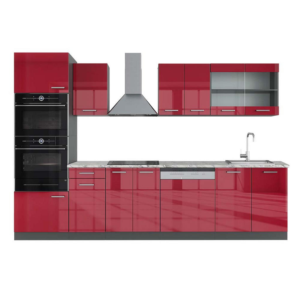 KITCHENETTE R-Line Roșu lucios ridicat 300 cm cu dulap înalt, marmură AP KITCHENETTE R-Line Roșu lucios ridicat 300 cm cu dulap înalt, marmură AP