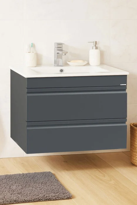Set Baza front MDF si Lavoar seria 086, suspendata, cu sertare, montat, 70 cm, antracit Set Baza front MDF si Lavoar seria 086, suspendata, cu sertare, montat, 70 cm, antracit