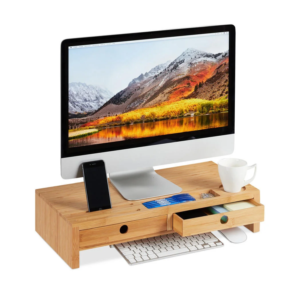 SUPORT Natural bambus pentru monitor 2 sertare 56x27 cm SUPORT Natural bambus pentru monitor 2 sertare 56x27 cm