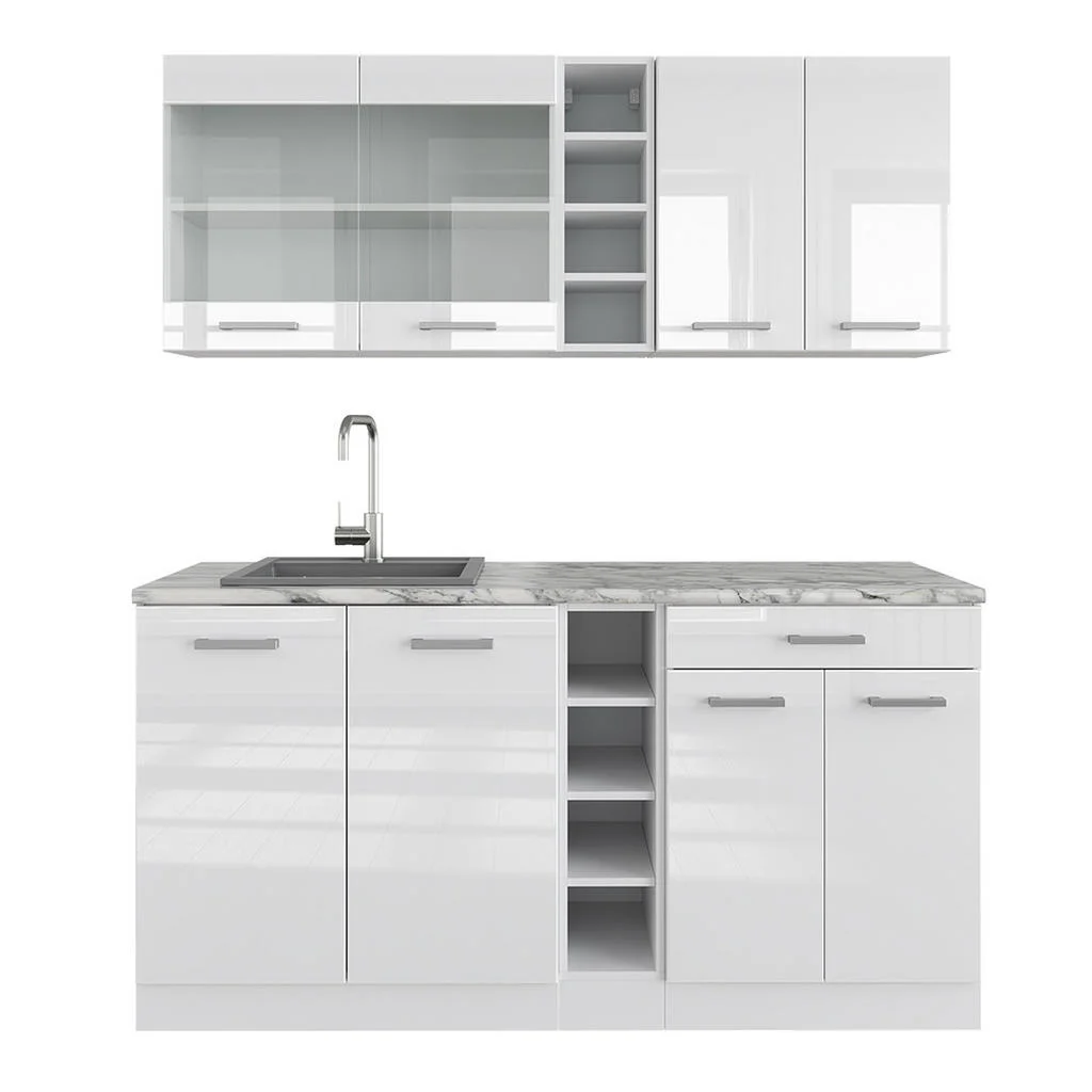 BUCĂTĂRIE SIMPLĂ R-Line Alb lucios/alb 160 cm , AP Marmură BUCĂTĂRIE SIMPLĂ R-Line Alb lucios/alb 160 cm , AP Marmură