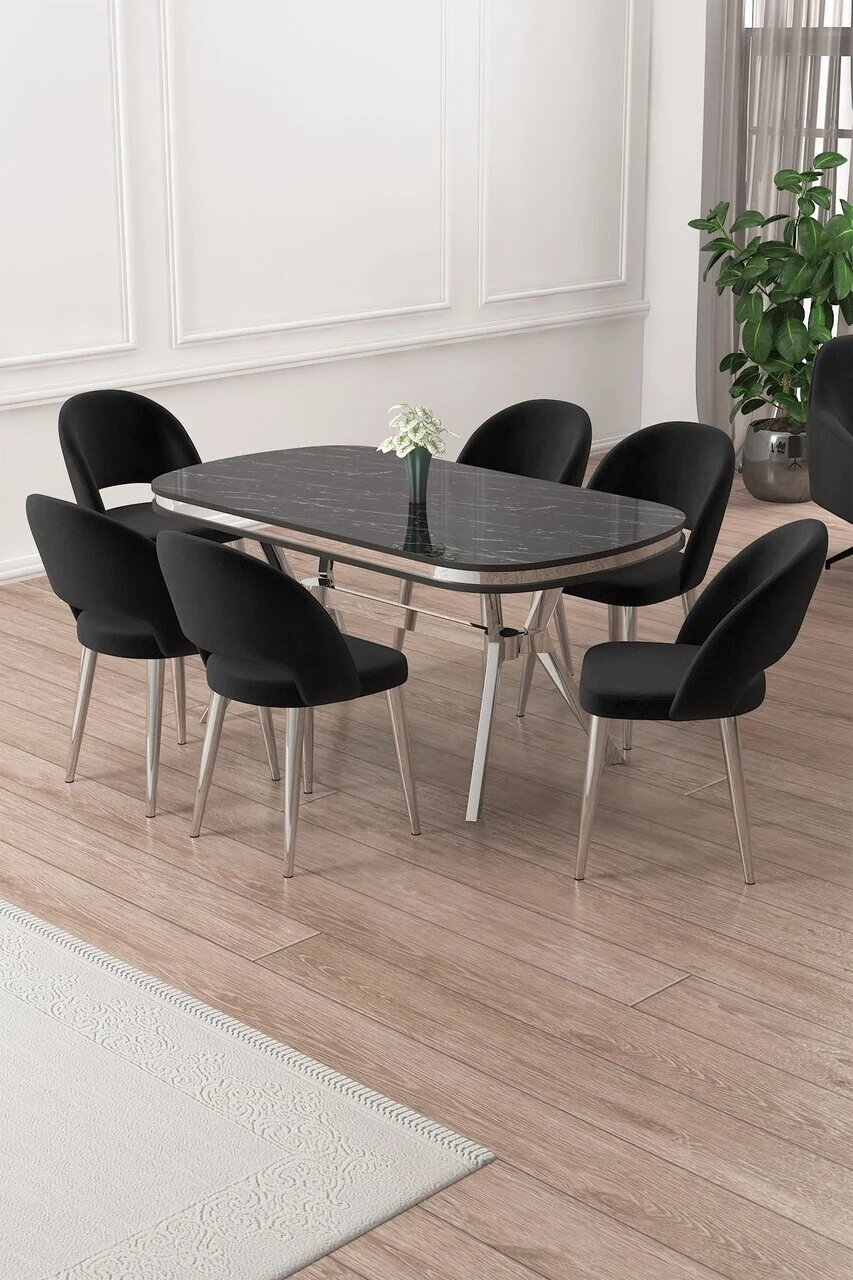 Set masa si scaune (7 piese), Hanah Home, Jita, Sonata / Crom / Negru Set masa si scaune (7 piese), Hanah Home, Jita, Sonata / Crom / Negru