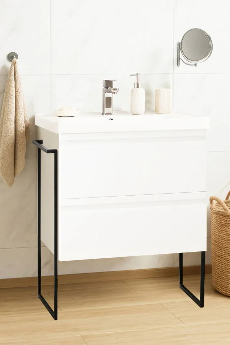 Set Baza front MDF si Lavoar seria 786, cadru metalic, sertare, montata, 65 cm, alb Set Baza front MDF si Lavoar seria 786, cadru metalic, sertare, montata, 65 cm, alb
