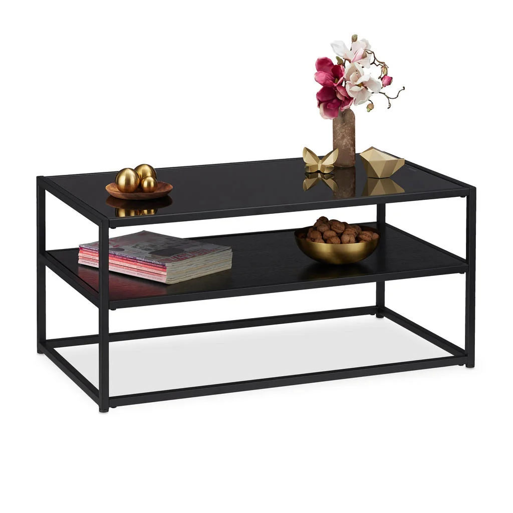 MĂSUȚĂ Negru blat din sticlă 2 niveluri 90x50 cm MĂSUȚĂ Negru blat din sticlă 2 niveluri 90x50 cm