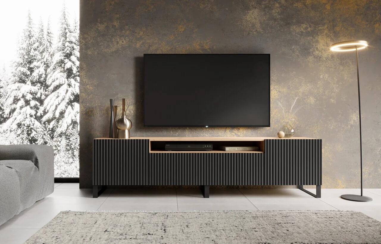 Comoda TV ADRK, Noemi, 200x41x53 cm, PAL melaminat/MDF, negru/artisan Comoda TV ADRK, Noemi, 200x41x53 cm, PAL melaminat/MDF, negru/artisan