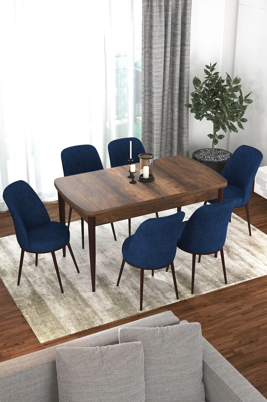 Set masa extensibila si scaune (7 piese), Hanah Home, Via, Model baroc din lemn / Bleumarin Set masa extensibila si scaune (7 piese), Hanah Home, Via, Model baroc din lemn / Bleumarin