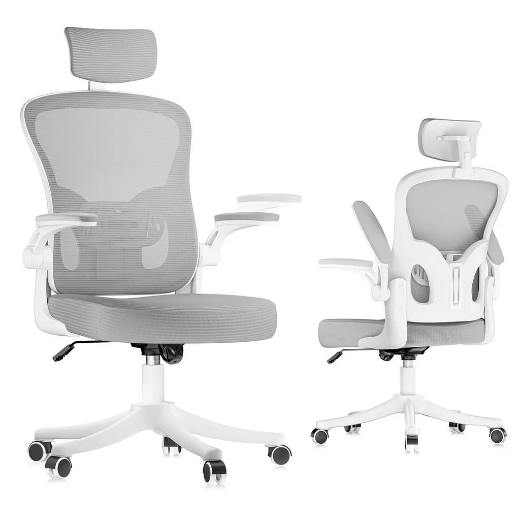SCAUN DE BIROU ergonomic cu înălțime reglabilă, cotiere rabatabile și tetieră – Gri