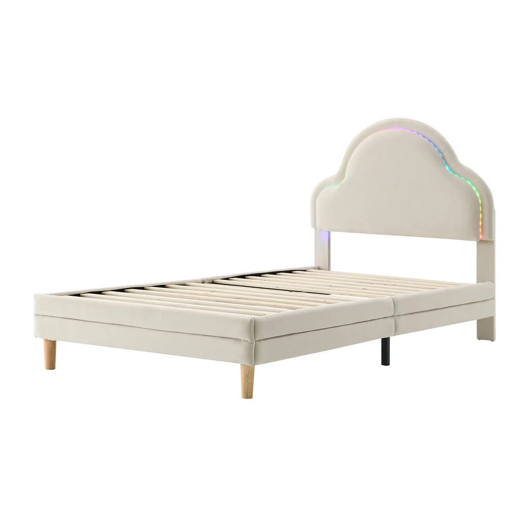 PAT COPII 90x200 cm cu lamele din lemn, material catifea bej PAT COPII 90x200 cm cu lamele din lemn, material catifea bej