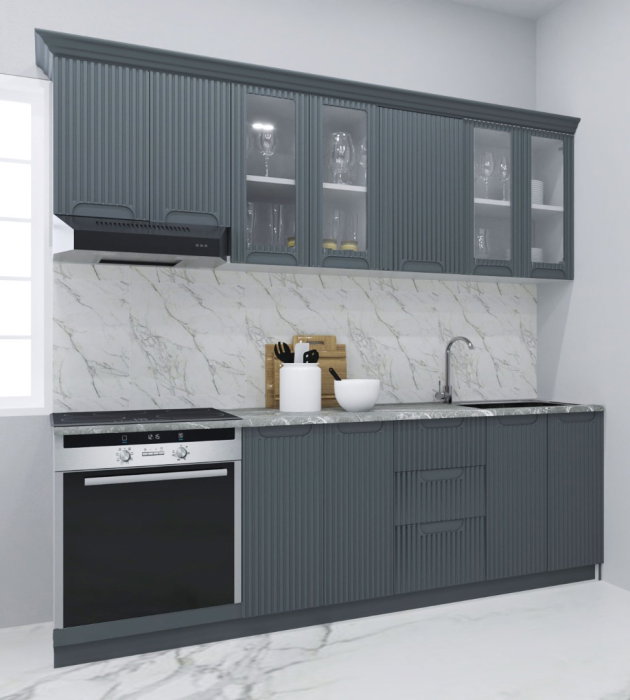 Set bucatarie SPACE 220 cm, 8 corpuri, corp cuptor, cu sertare, blat termorezistent, fronturi MDF, antracit Set bucatarie SPACE 220 cm, 8 corpuri, corp cuptor, cu sertare, blat termorezistent, fronturi MDF, antracit