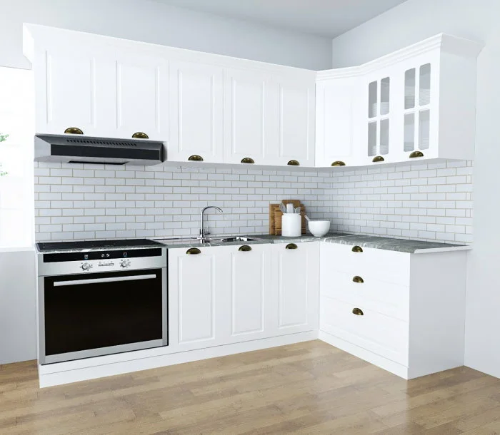Set bucatarie SQUARE COLT 240x140 cm, 9 corpuri, blat termorezistent, fronturi MDF, alb rustic Set bucatarie SQUARE COLT 240x140 cm, 9 corpuri, blat termorezistent, fronturi MDF, alb rustic
