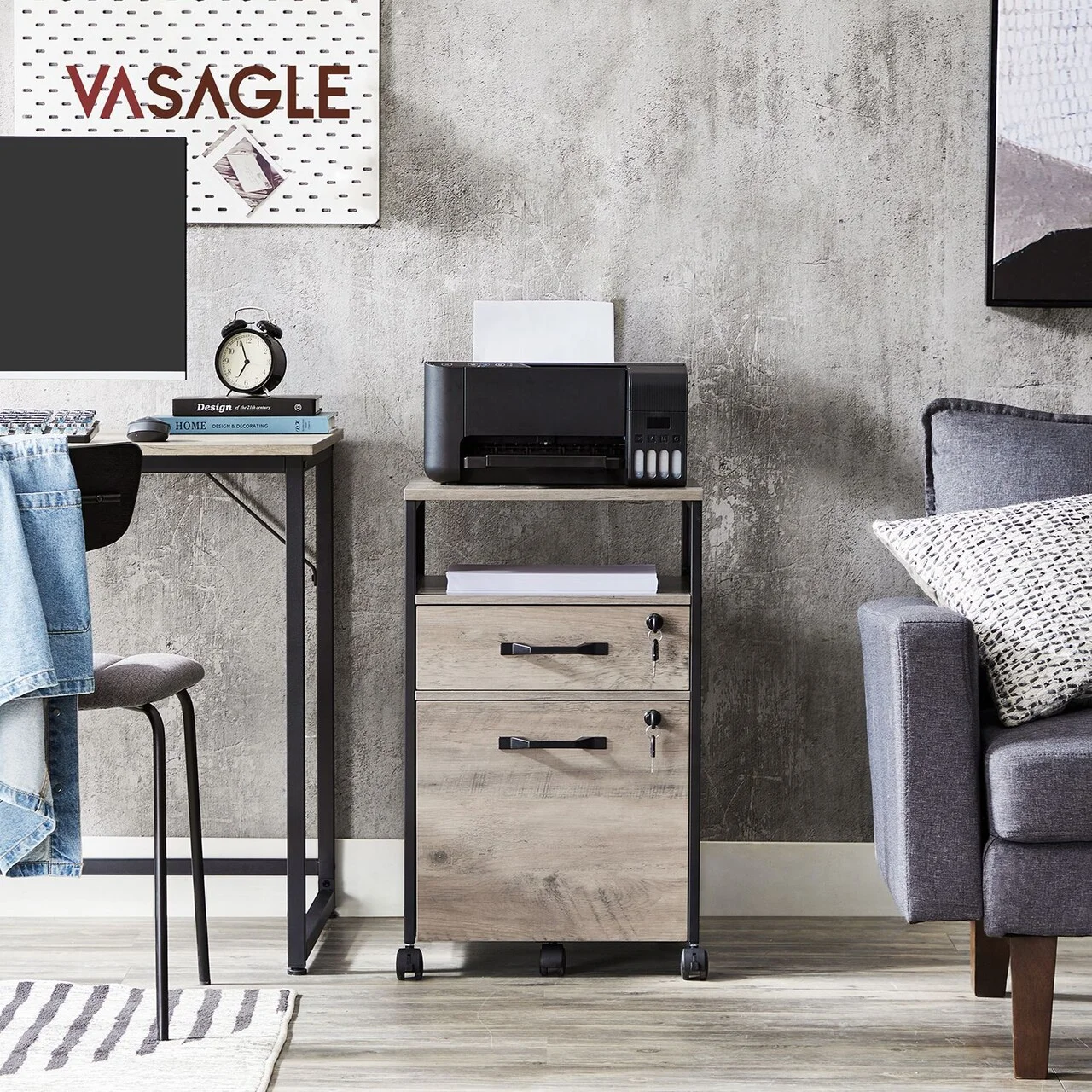 Dulap de birou pentru dosare, Vasagle, cu compartiment A4 si letter, 42x44x69 cm, MDF/PAL/otel, grej Dulap de birou pentru dosare, Vasagle, cu compartiment A4 si letter, 42x44x69 cm, MDF/PAL/otel, grej