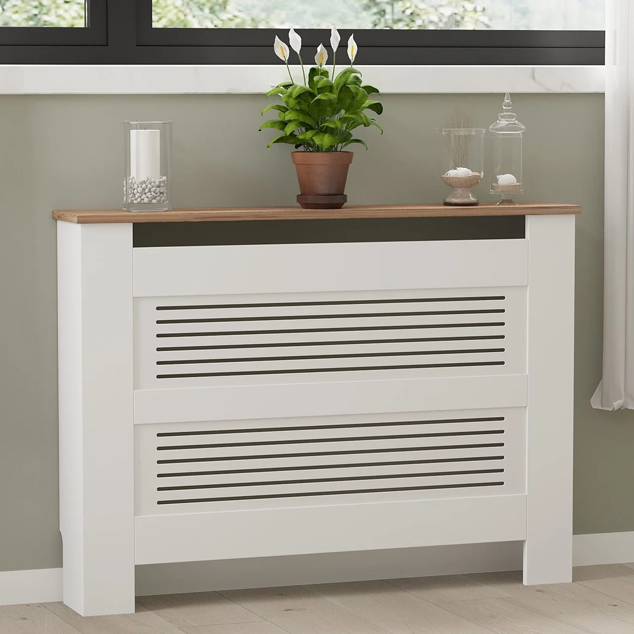 Dulap radiator, Puqa Design, Termora, 112x19x82 cm, PAL/MDF, Pin Atlantic / Alb Dulap radiator, Puqa Design, Termora, 112x19x82 cm, PAL/MDF, Pin Atlantic / Alb